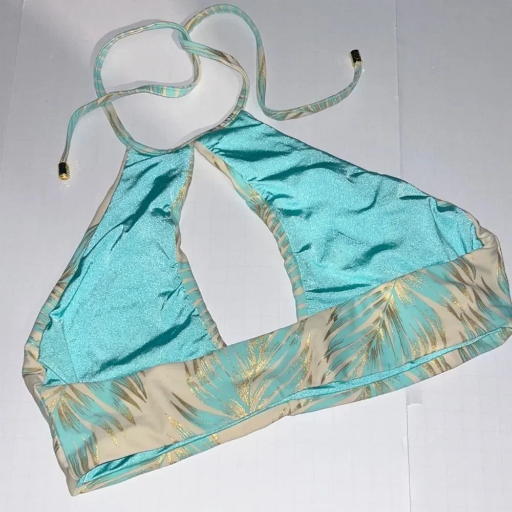 NWOT Beach Bunny Blue & Gold Tropical HalterNeck Keyhole Bikini Top & Bottom Set